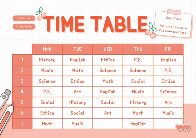 School timetable with a cute diary concept