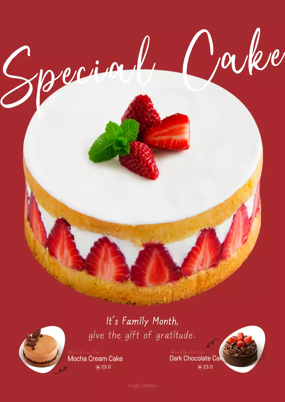 Kue stroberi dengan latar belakang merah