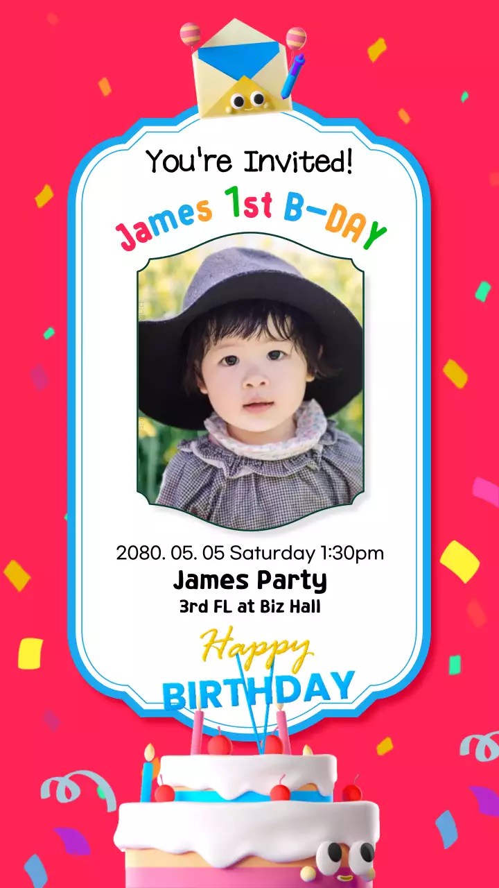 빨간색과 케이크가 있는 아기 돌잔치 초대장