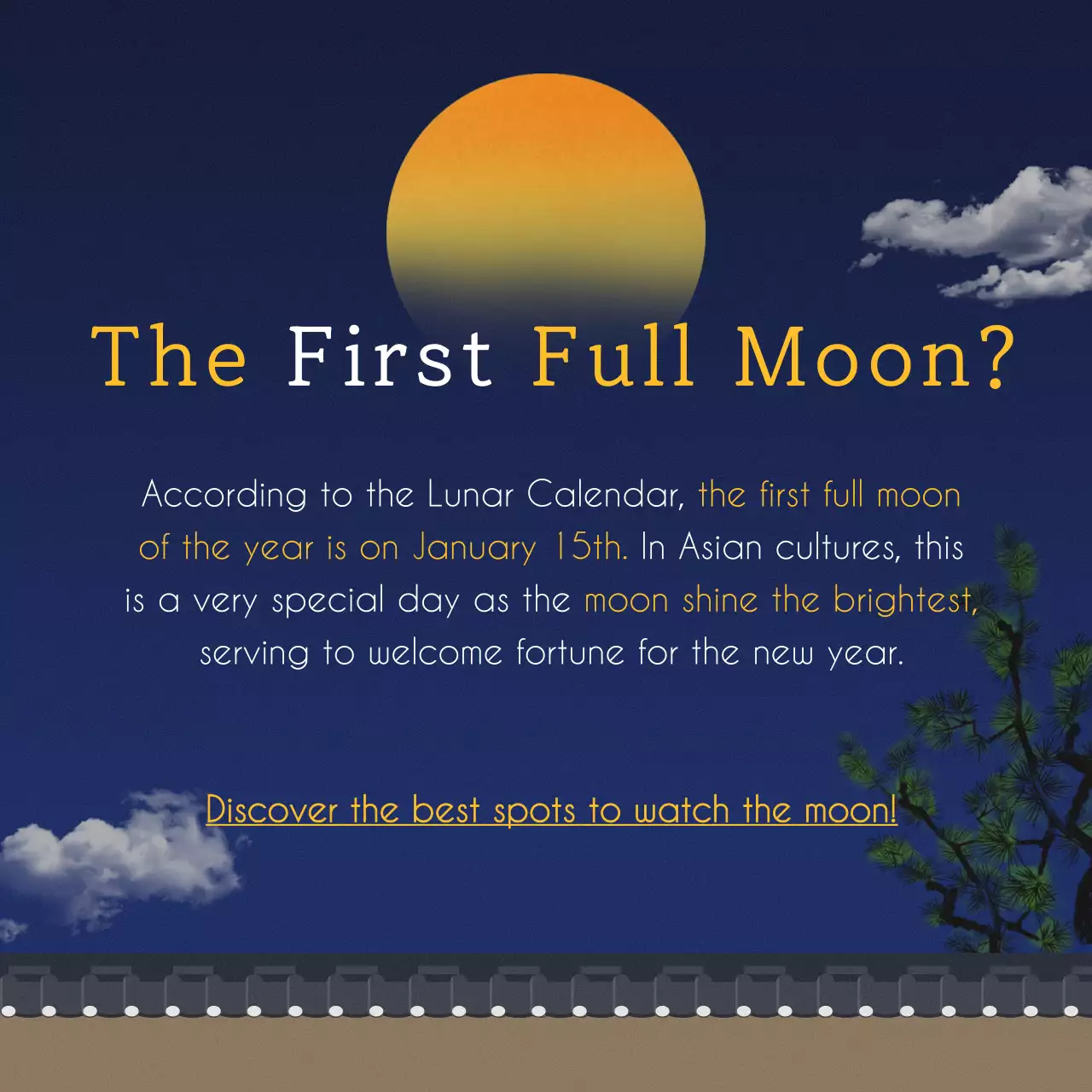 Introduction to the moon viewing spots with traditional blue and yellow backgrounds
