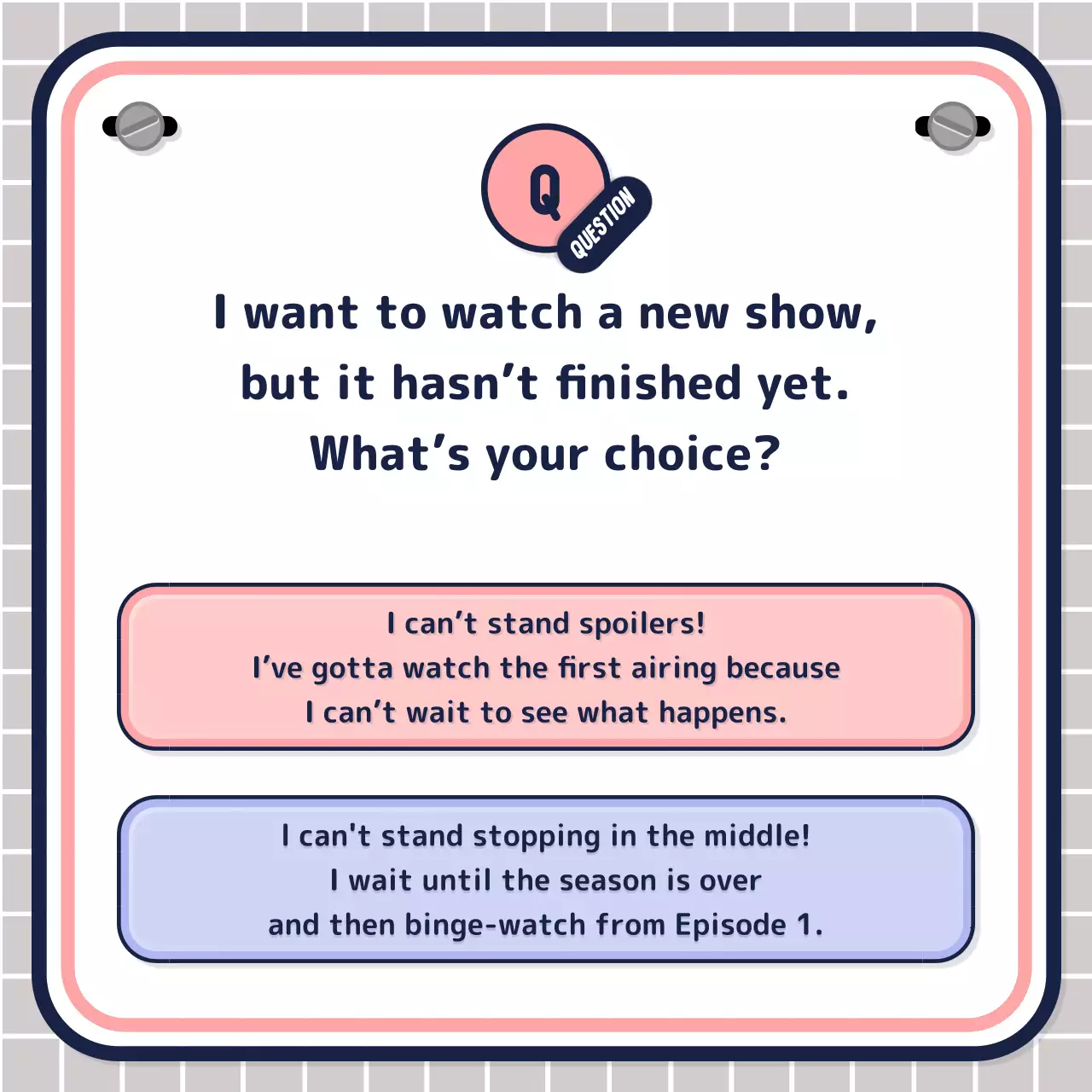 Simple, text-heavy quiz test in pink mauve navy