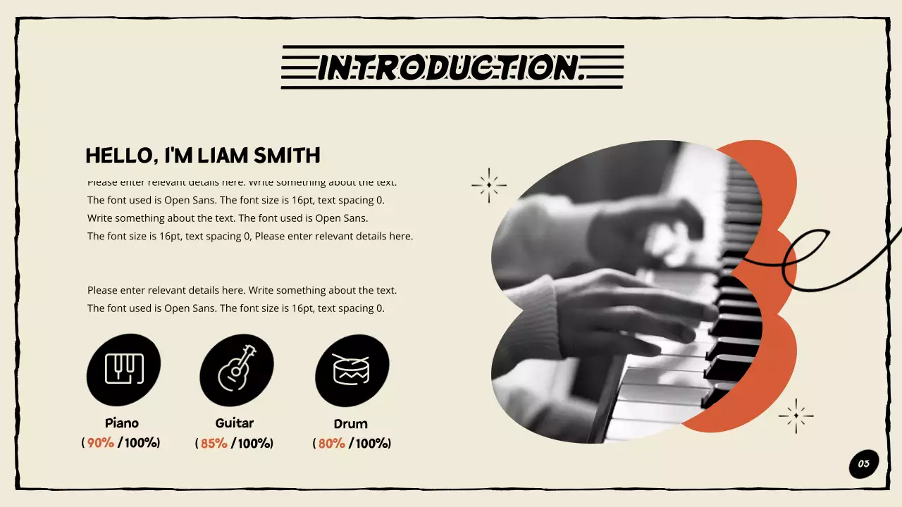 Composer portfolio in orange and black