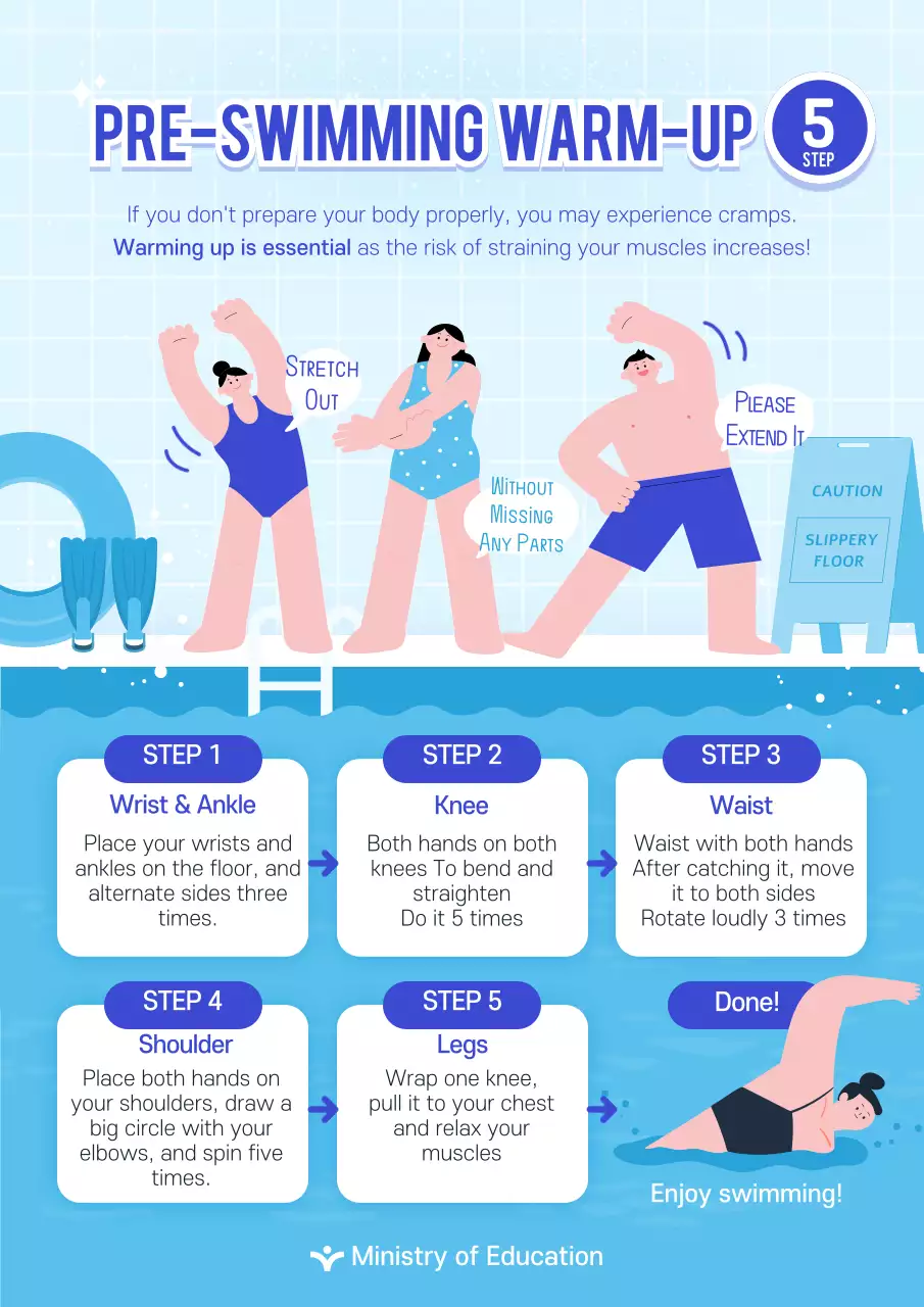 Blue illustrated pre-swim warm-up webposter