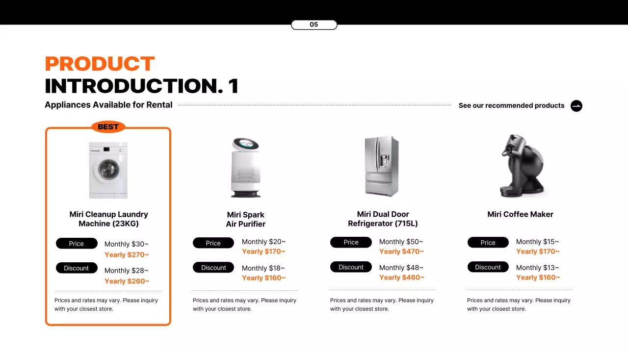 Appliance rental service proposal with orange elements
