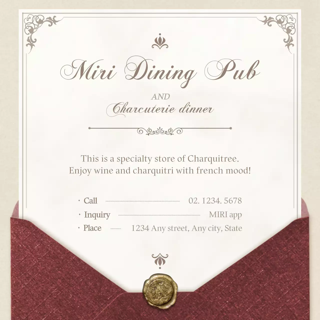 An antique and elegant letter concept in red and light yellow for a charcuterie dinner reservation.