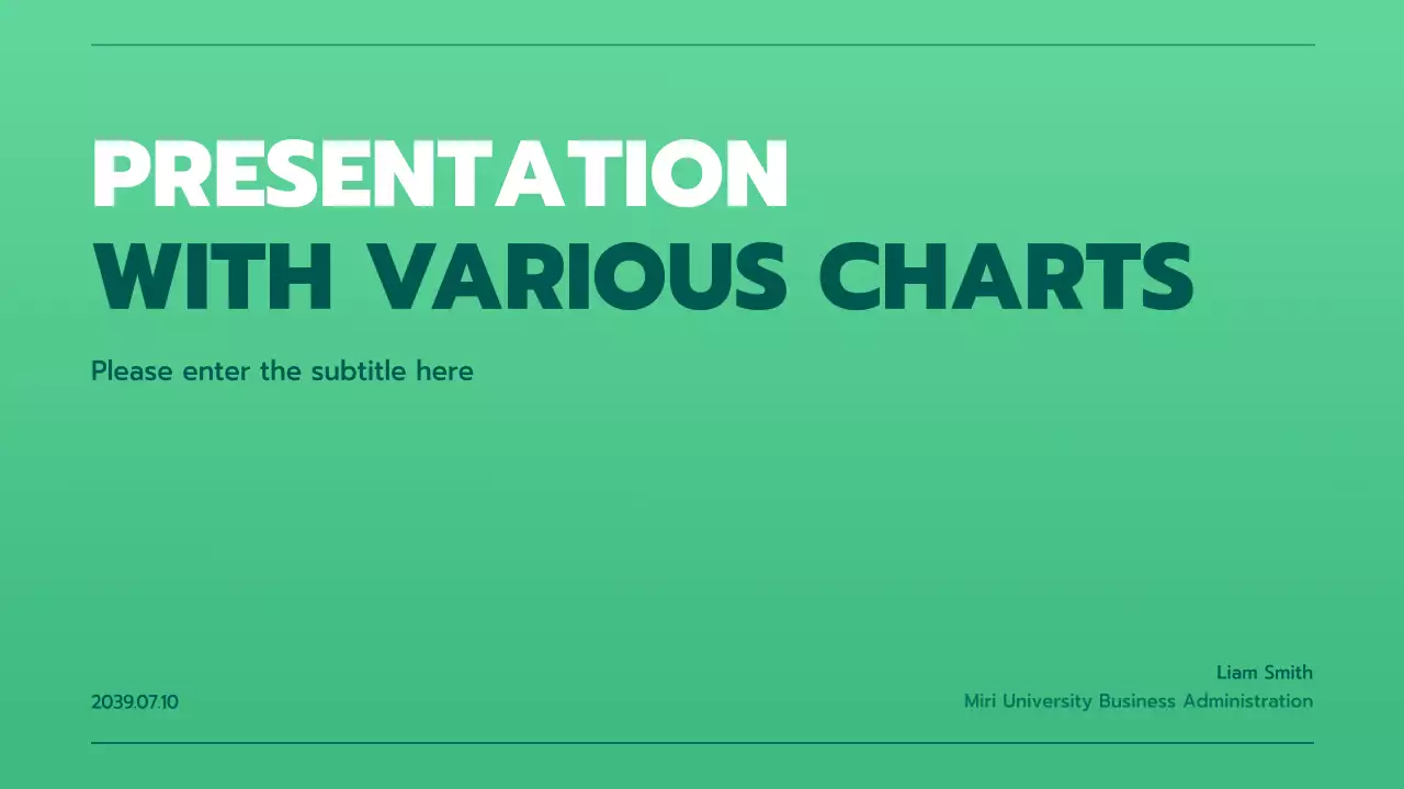 Presentation with various charts in a green gradient