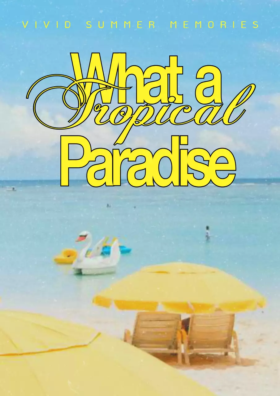 Cool and bright tropical paradise art with ocean view with yellow text
