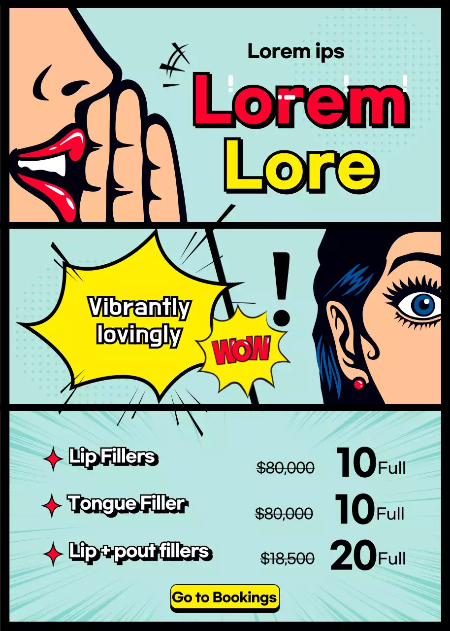 Uma exposição especial de preenchimentos labiais com um conceito de desenho animado azul e amarelo