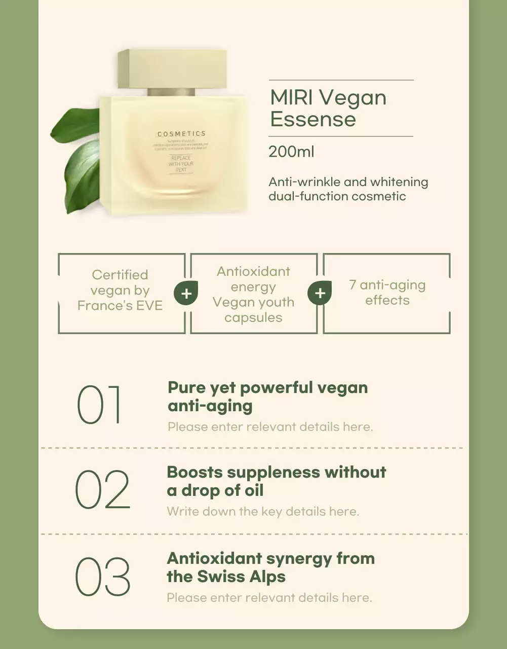 Vegan cosmetics in ivory green color detail page
