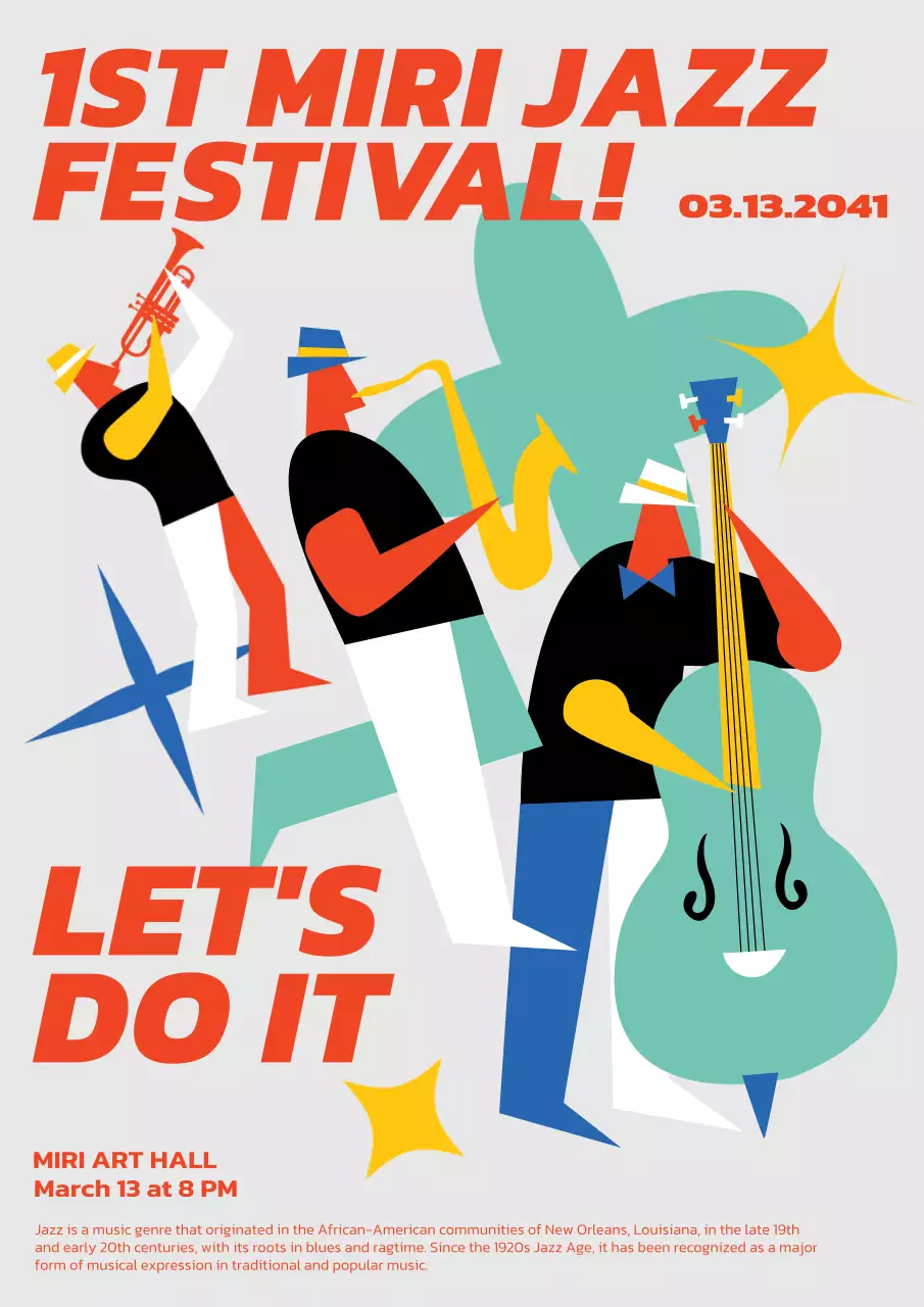 빨강과 회색의 팝한 뮤지션의 재즈 페스티벌 홍보