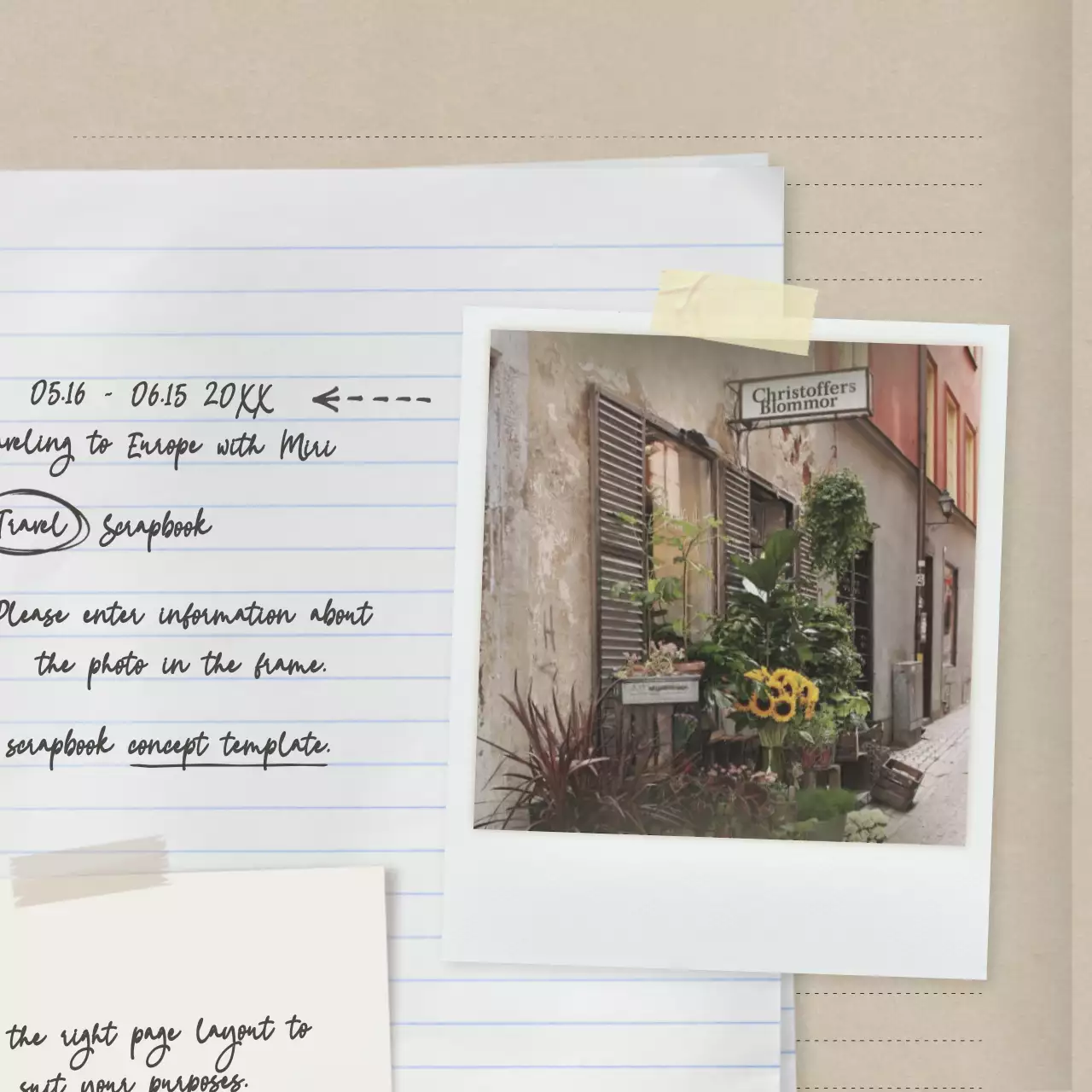 A layout bundle pack with a travel scrapbooking concept with a beige, sentimental feel.