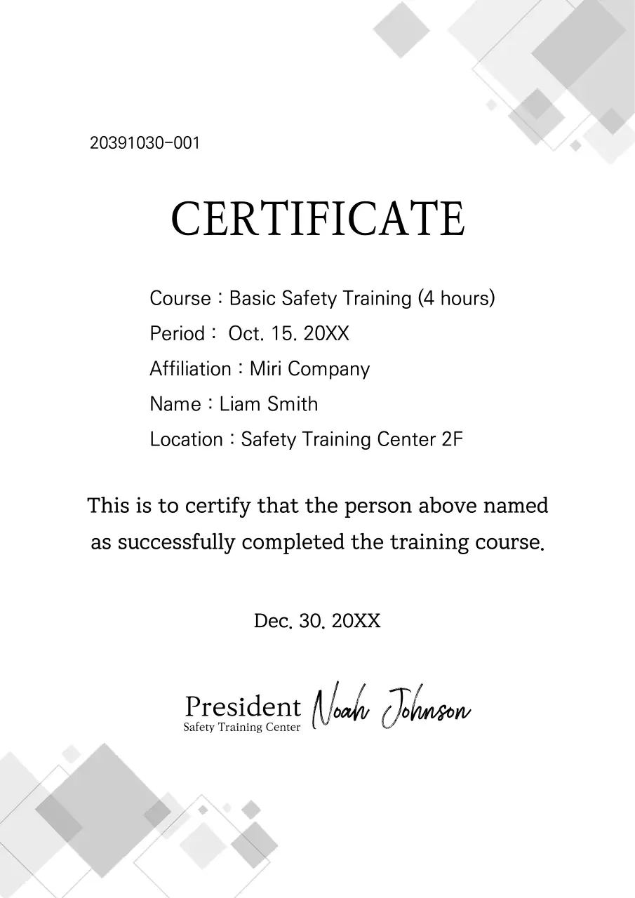 Safety Training Certificate in Gray Pattern Elevator Management Training Certificate