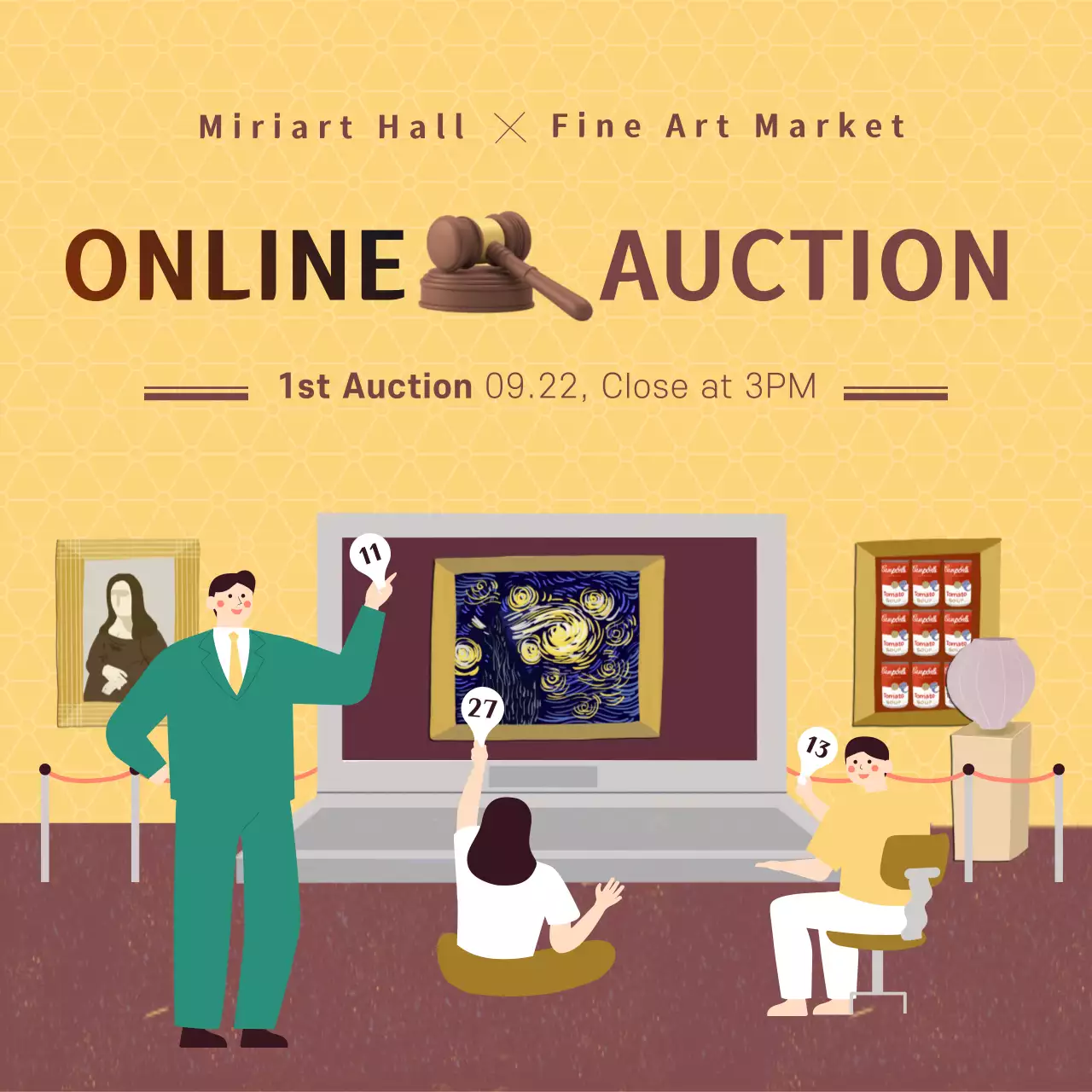 A clean illustration concept online art auction theme in yellow-burgundy color scheme