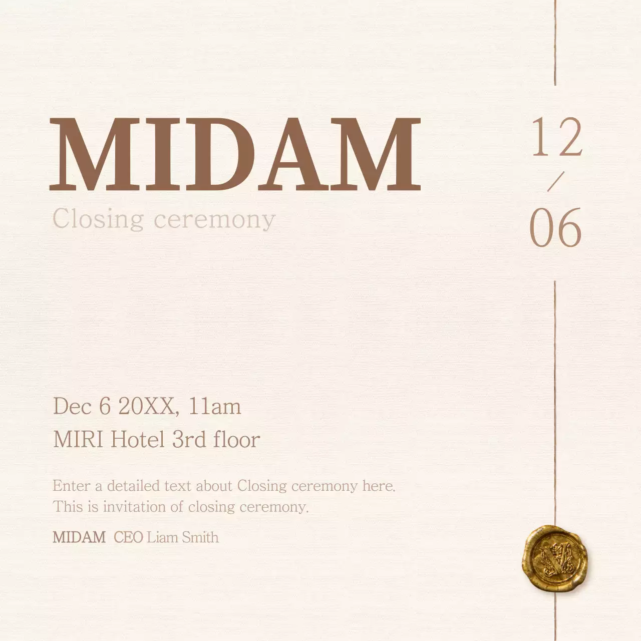 Closing ceremony invitation in ivory ivory and brown