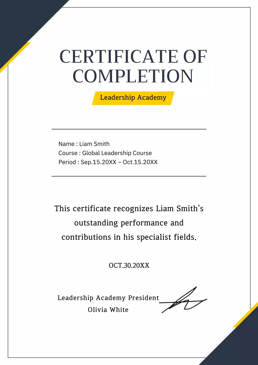 A clean navy and yellow training certificate document