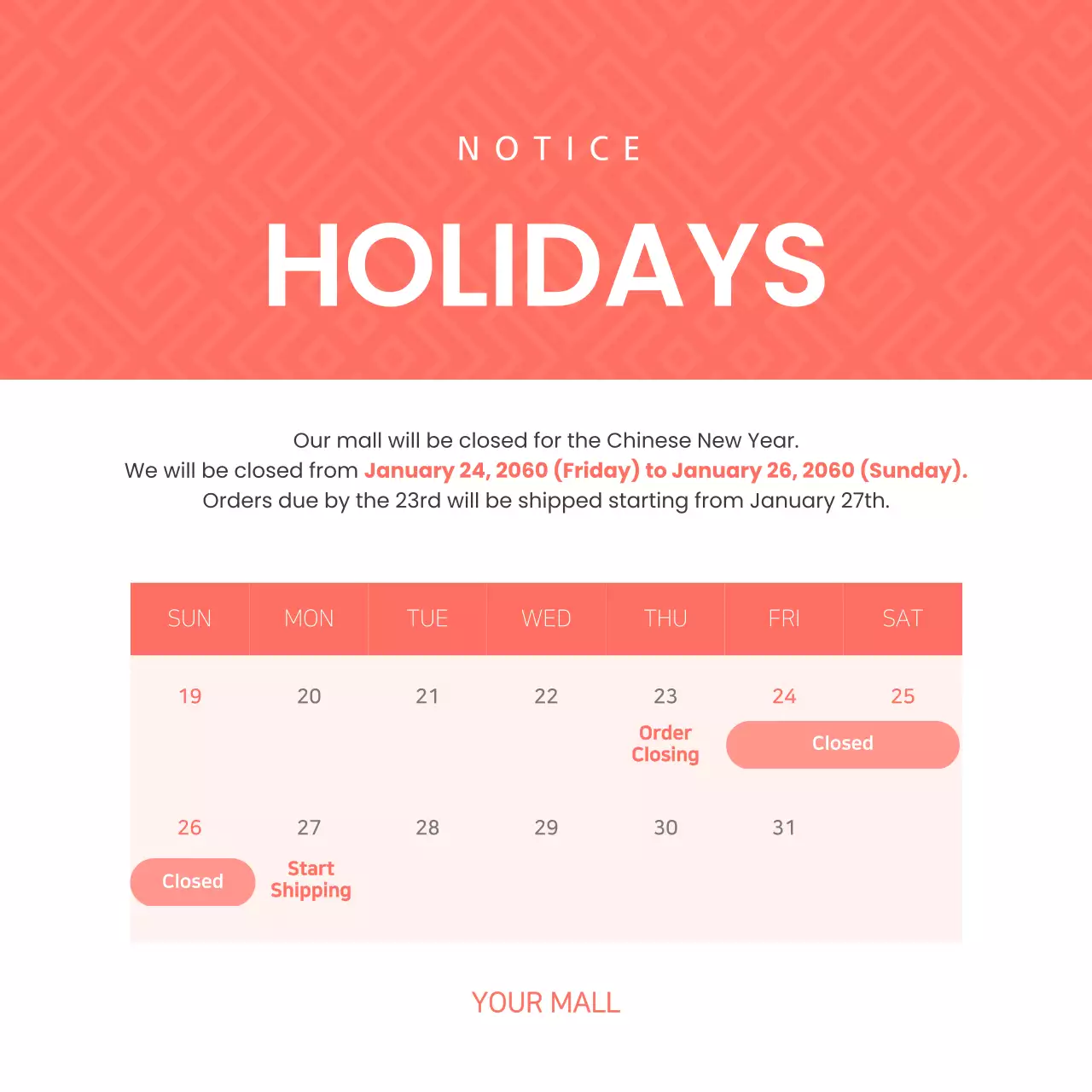Coral Traditional Holidays Notice Instagram Post