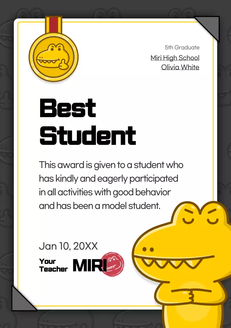 Yellow Simple Student Certificate Poster