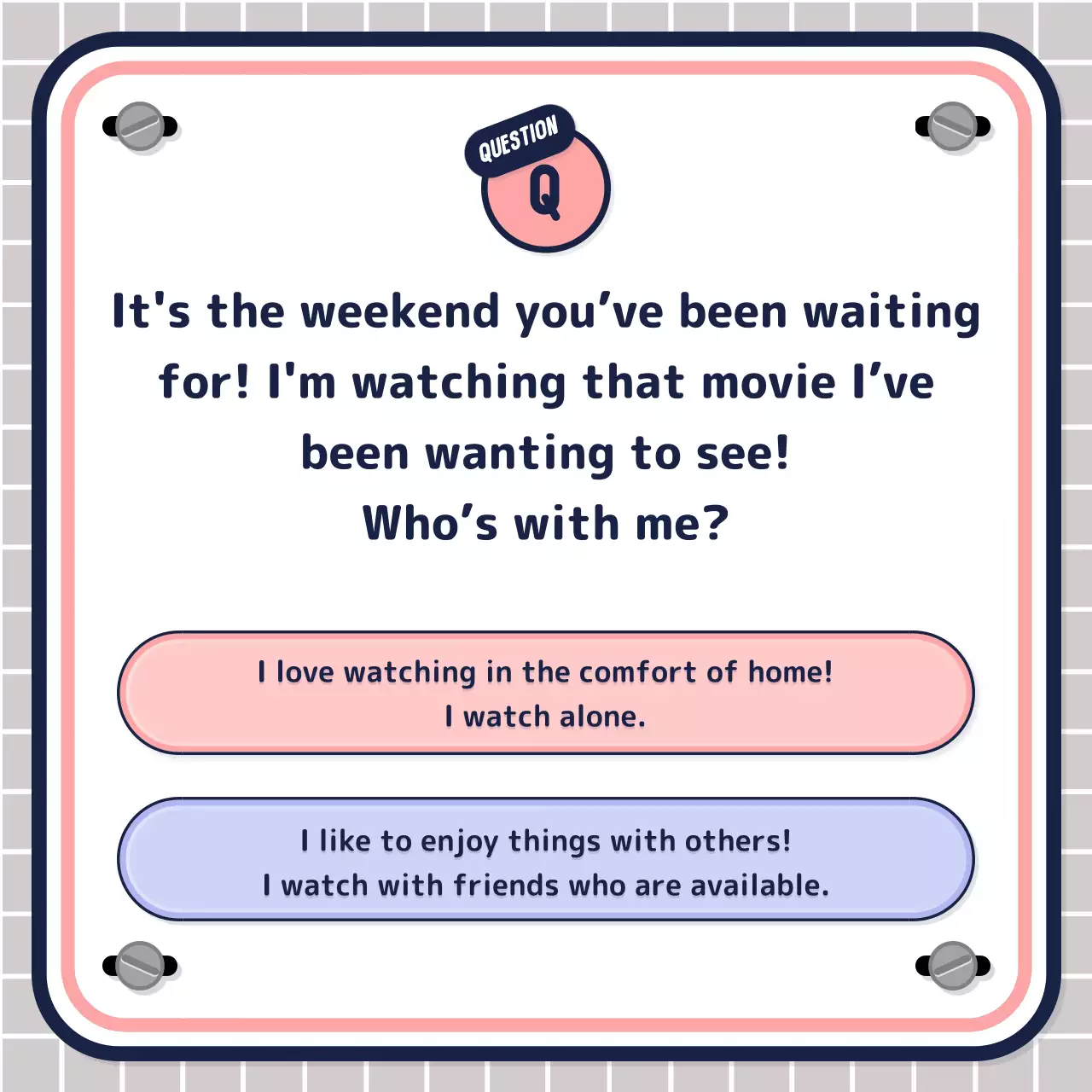 Simple, text-heavy quiz test in pink mauve navy