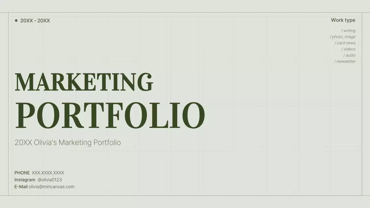 A content marketer's portfolio with a green, simple grid concept