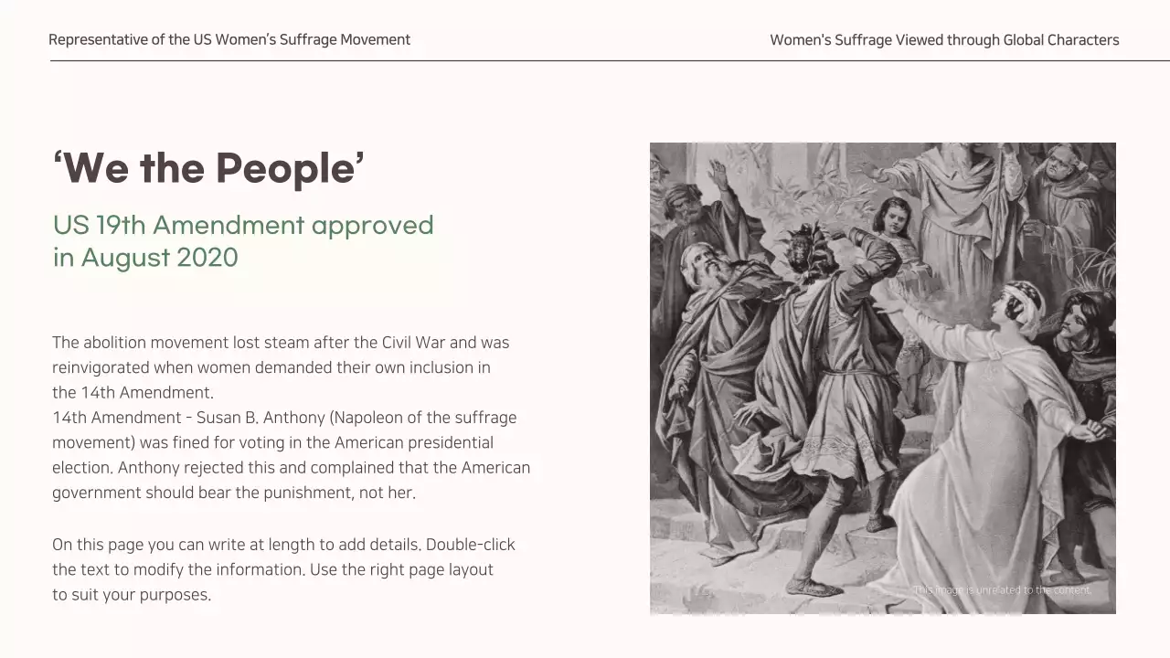  Presenting a subdued concept for a global women's suffrage assignment