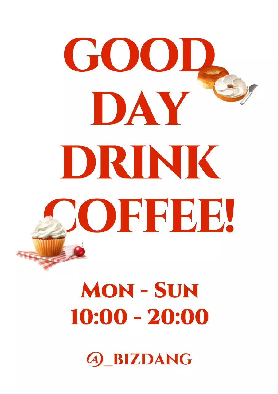 Desain kafe dengan teks yang berhubungan dengan kafe dan jam buka berwarna merah