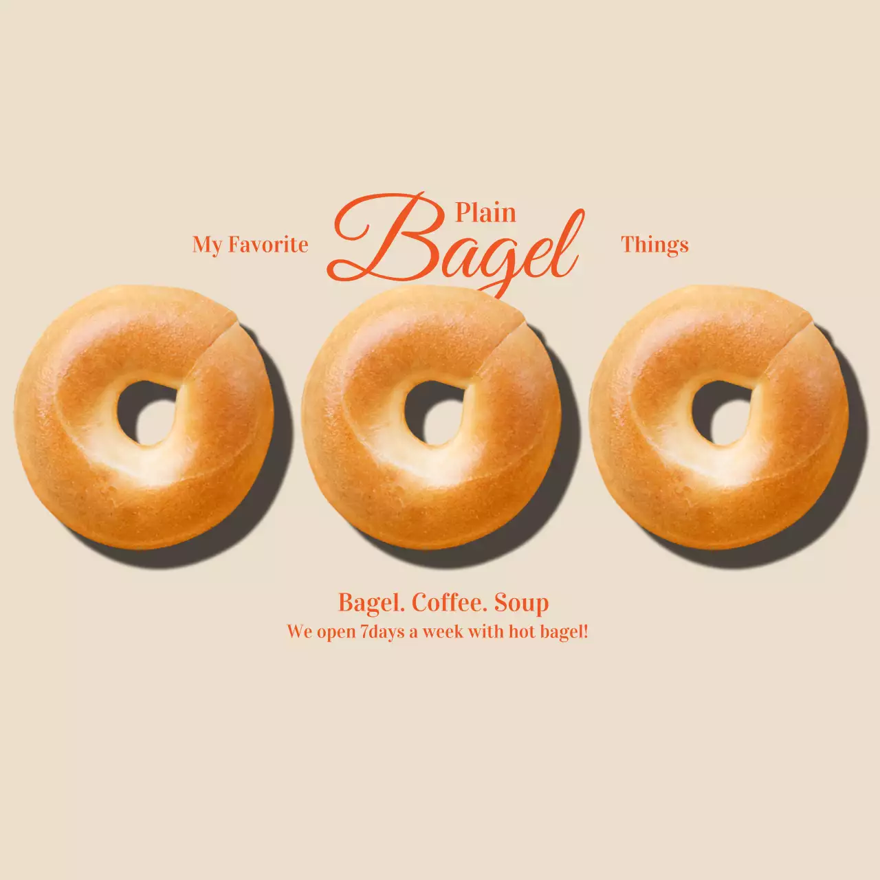 Promote a cafe with a photo of a bagel with an emotional concept in beige and red.