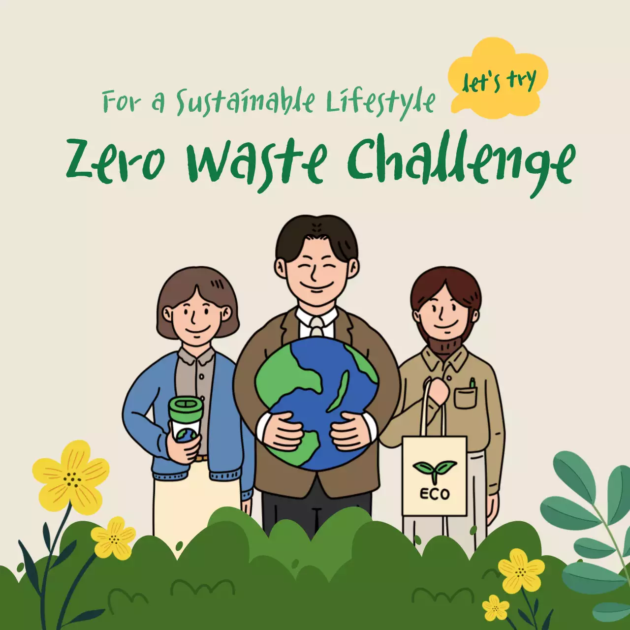 Plastic free challenge with a green office worker illustration theme