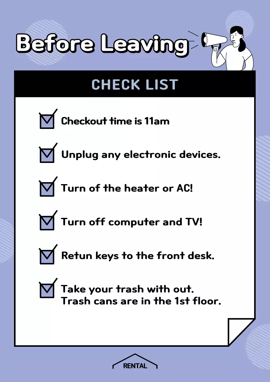 A clean, purple, pre-departure checklist