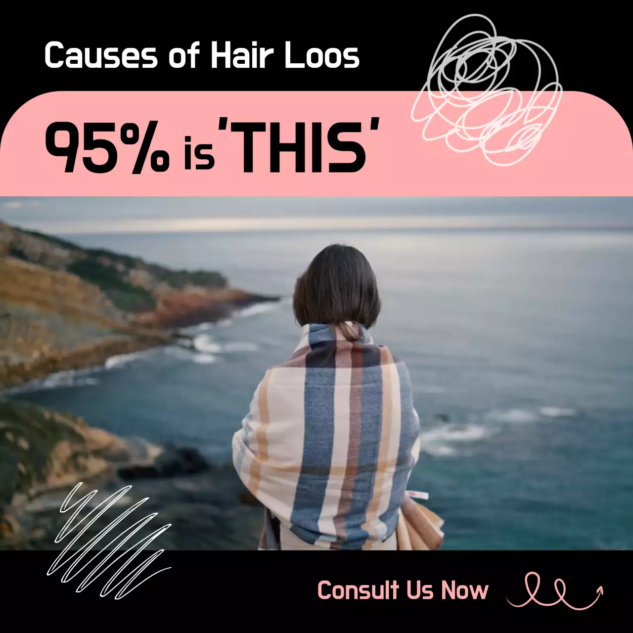 블랙 핑크색의 바다 풍경이 보이는 여성 탈모 마케팅