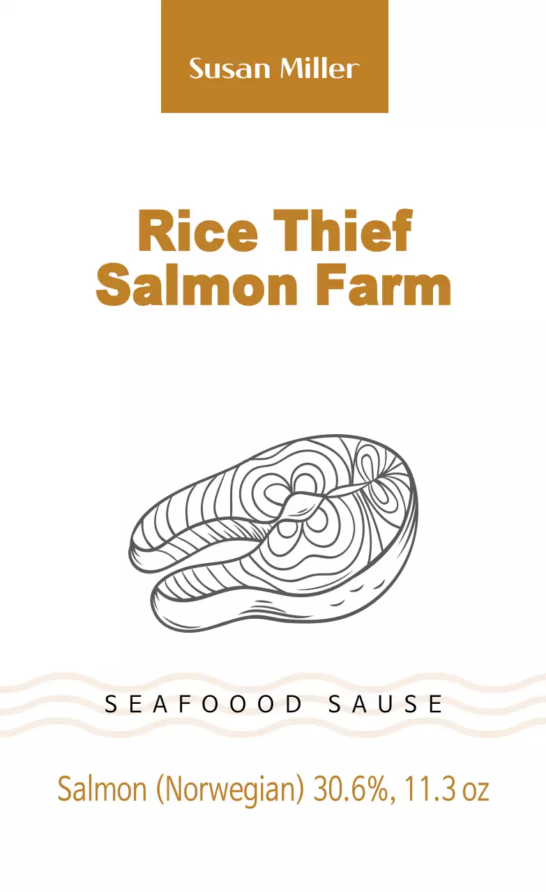 Label makanan hasil tambak salmon bergambar kuning yang rapi