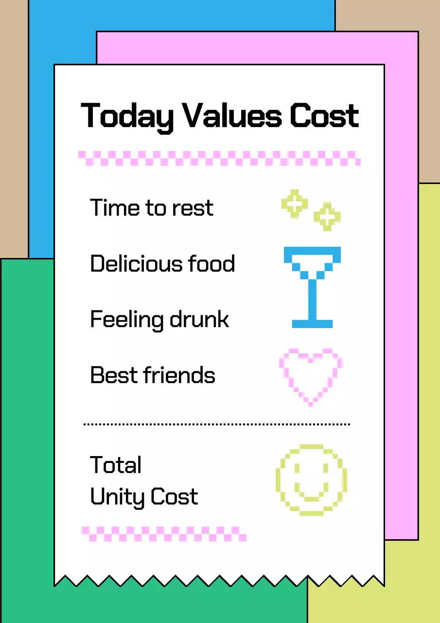 Receipt concept tavern poster in pink, light blue and yellow