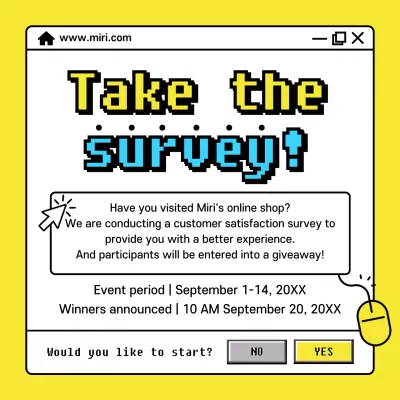 Survey event ad with yellow neon-colored internet window concept