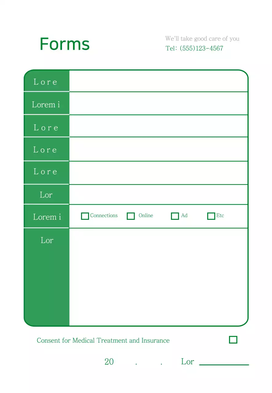 Thẻ đăng ký bệnh viện đơn giản màu xanh lá cây