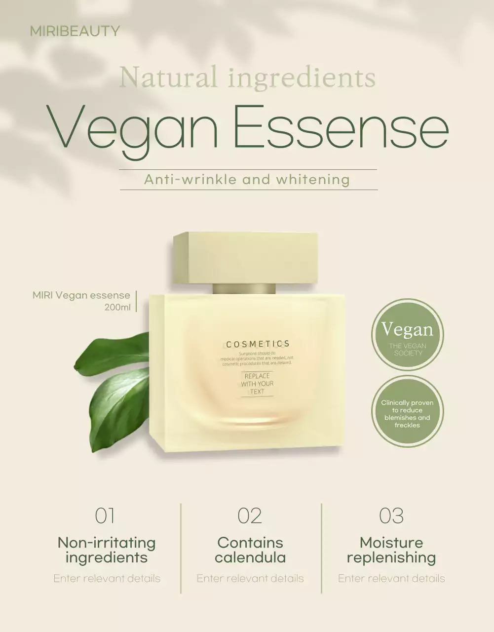 Vegan cosmetics in ivory green color detail page