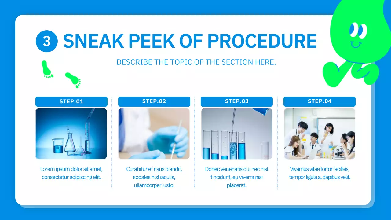 Relatório de experiência científica de personagem giro em azul e verde lima