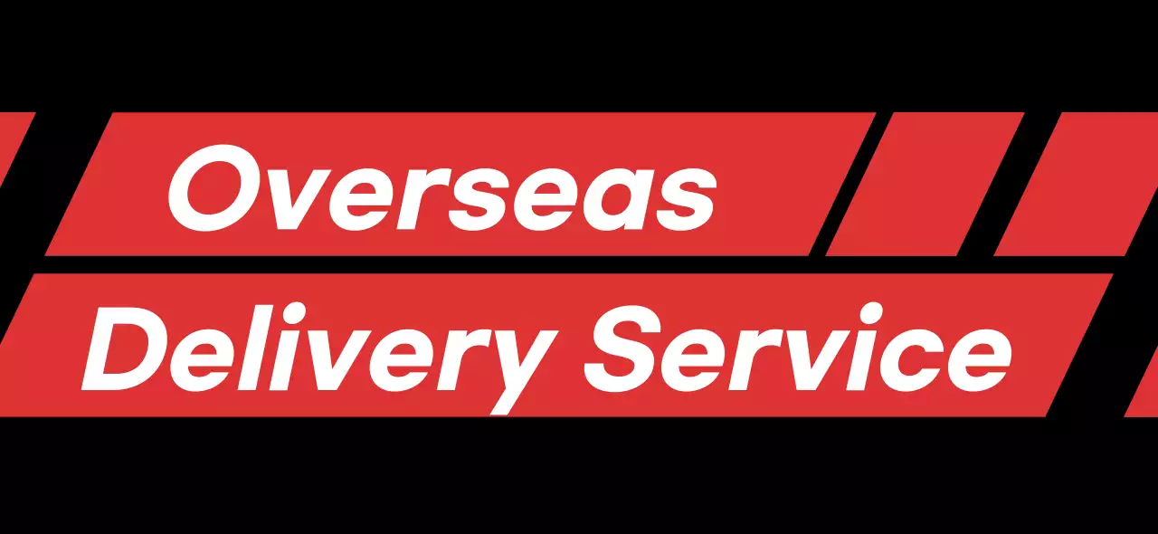 Black and red diagonal rectangle to promote international shipping services