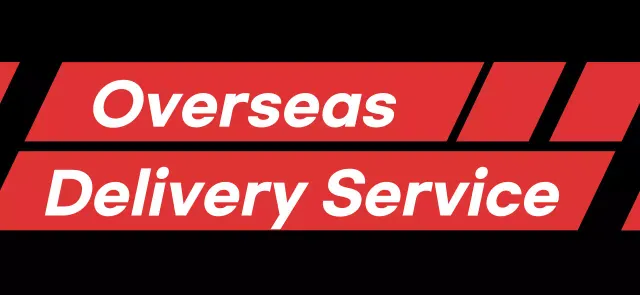 Black and red diagonal rectangle to promote international shipping services
