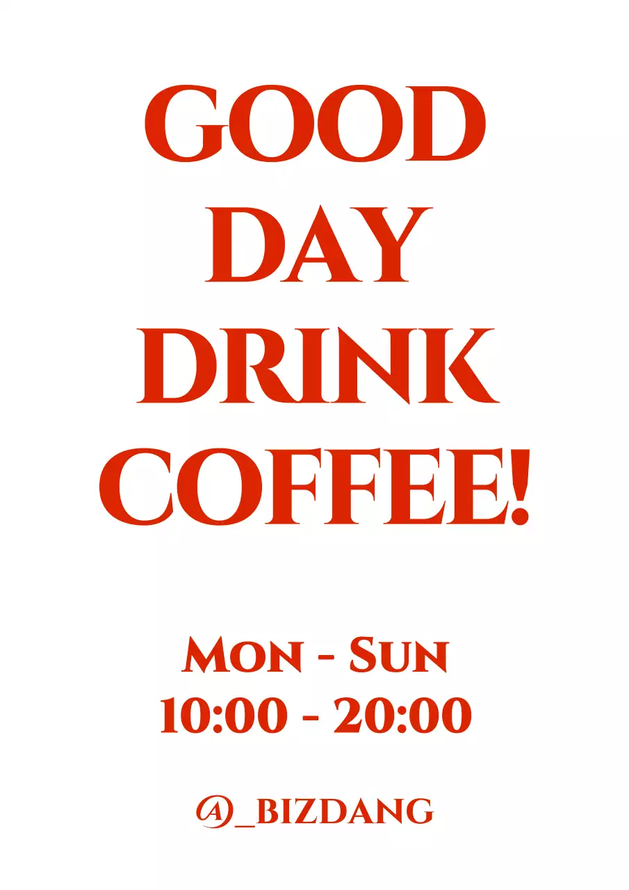 Desain kafe dengan teks yang berhubungan dengan kafe dan jam buka berwarna merah