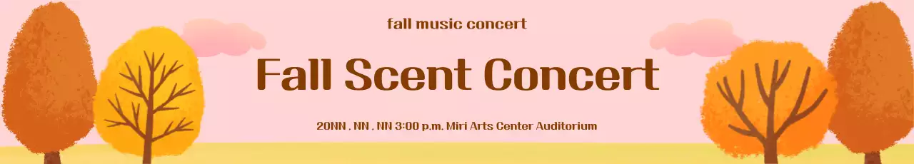 A concert banner with a pink sky and a row of maple trees