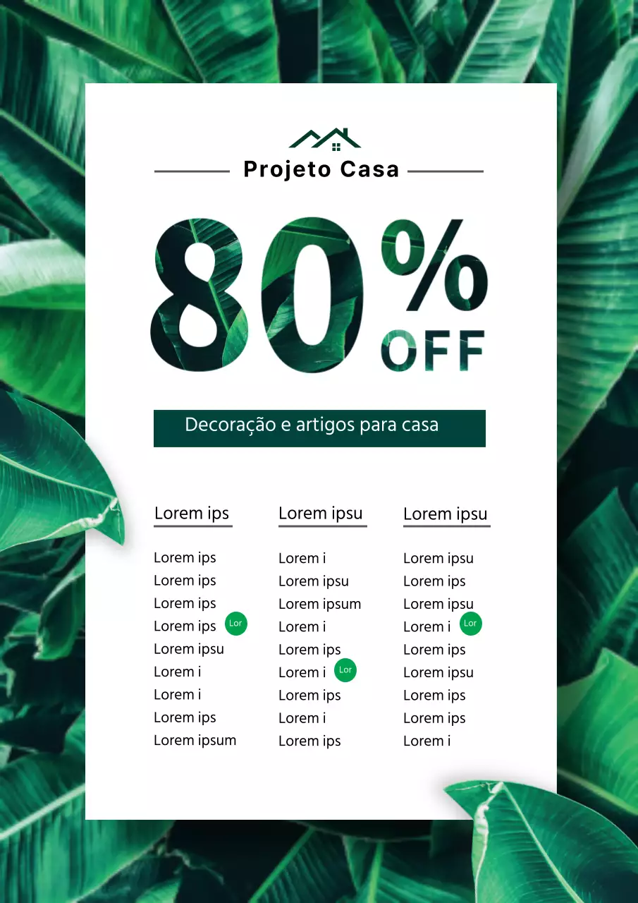 Folheto de promoção de um evento de descontos para uma marca de interiores chique em verde.