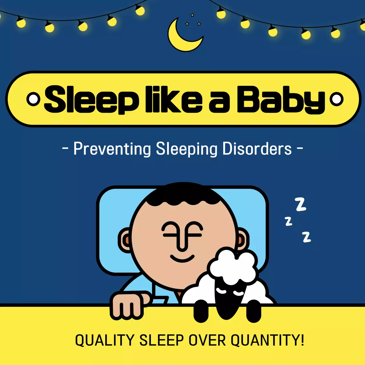 남색과 노란색 귀여운 일러스트의 꿀잠자는 노하우 정보제공