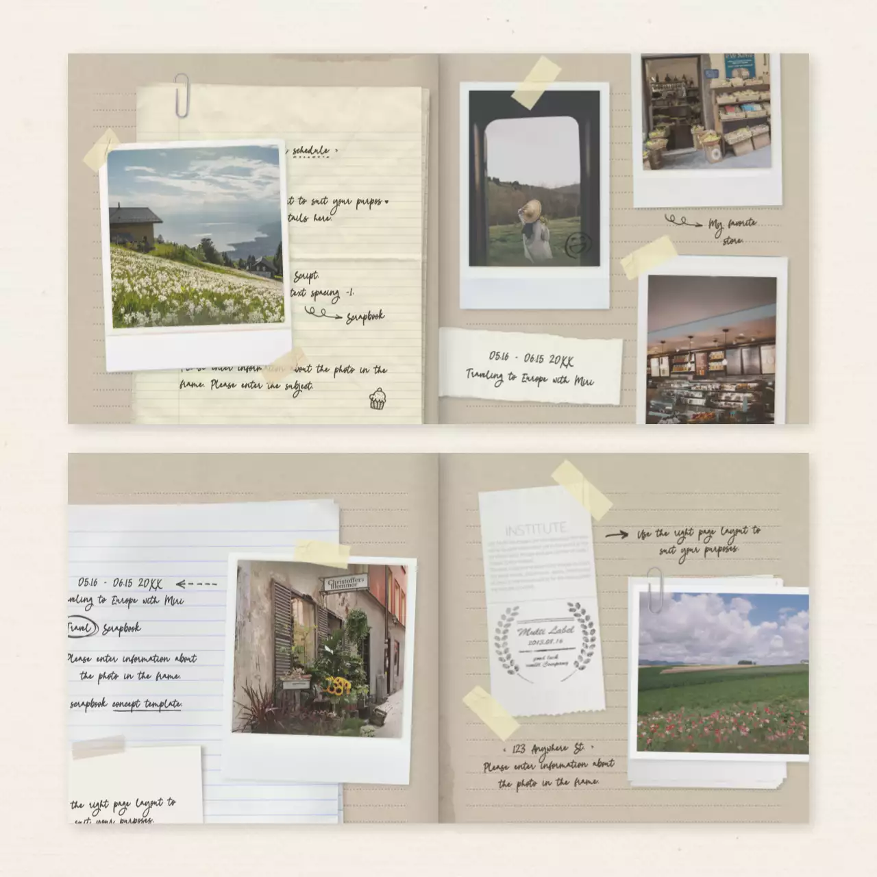 A layout bundle pack with a travel scrapbooking concept with a beige, sentimental feel.