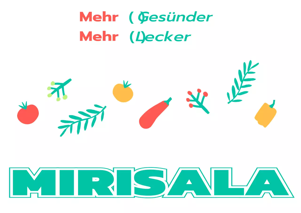 Zur Bewerbung eines Salatladens mit einfachen Illustrationen von Gemüse und Pflanzen in Türkis und Rot.