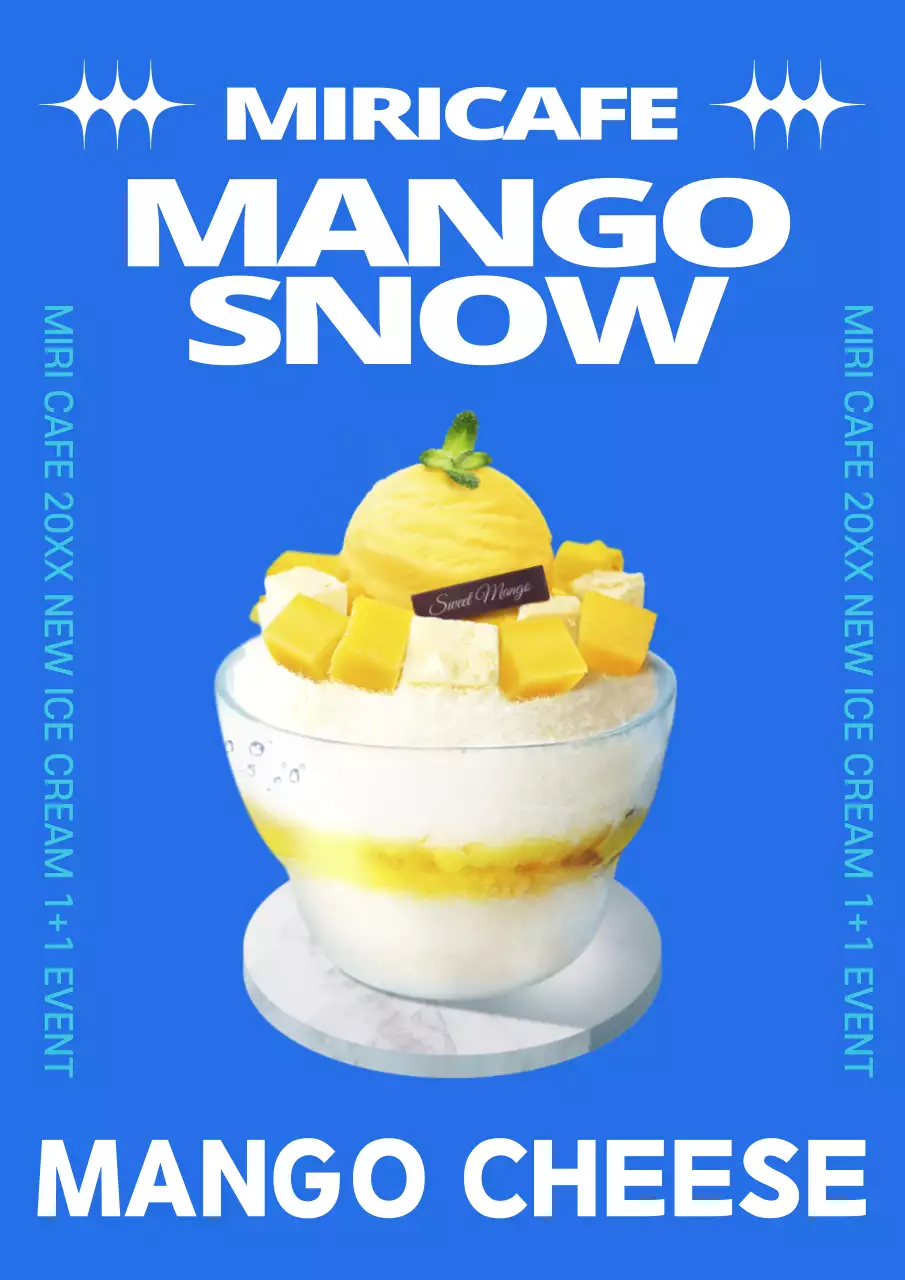 Promoting the new shaved ice menu with a simple blue color scheme