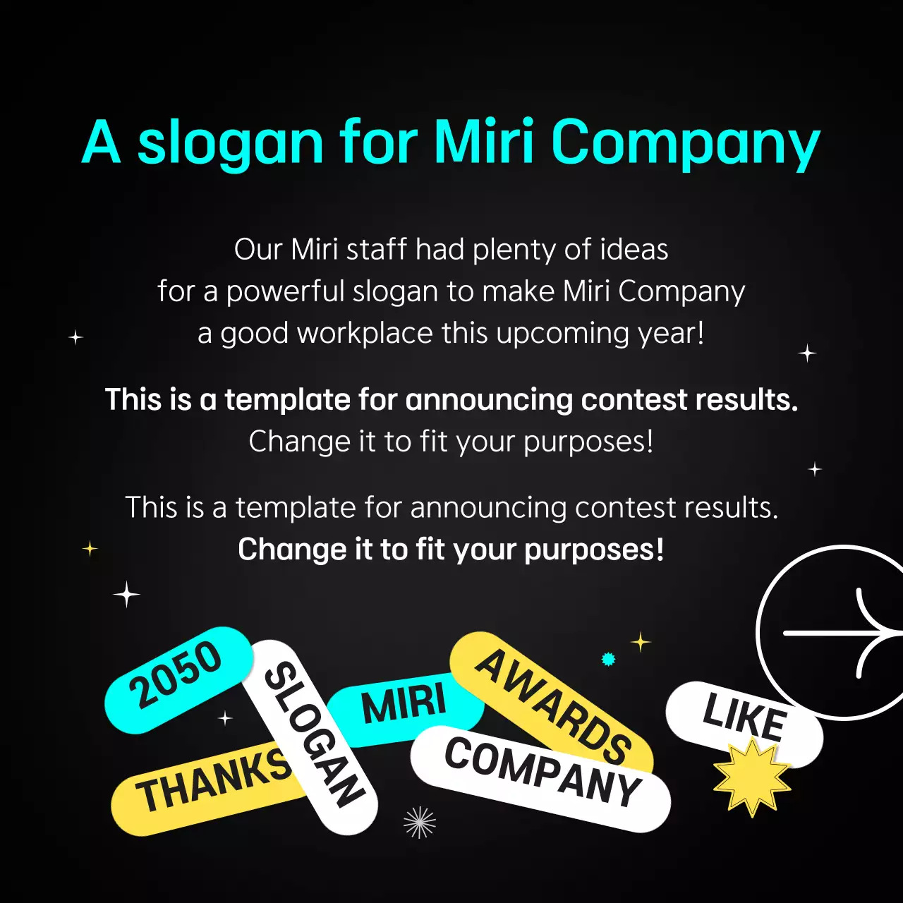 Slogan winners announced in black and white with light blue and yellow accents CardNews