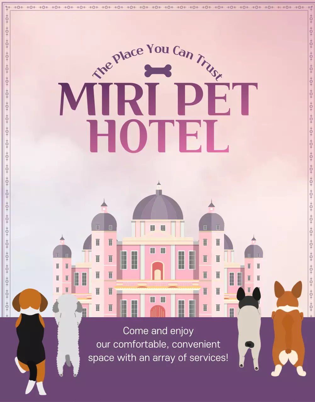 Promote a purple and pink pet hotel