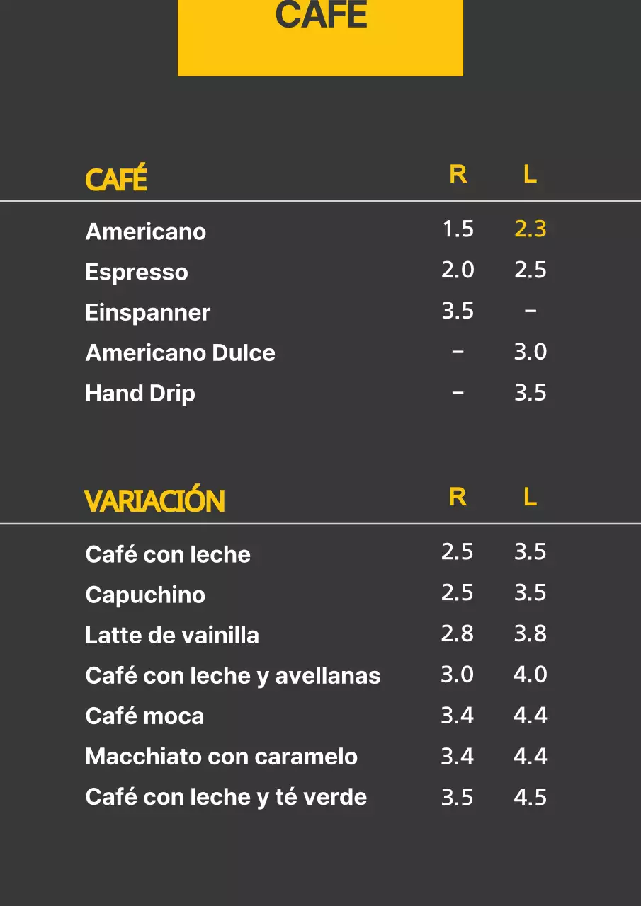 Amarillo negro simple bebida menú mesa