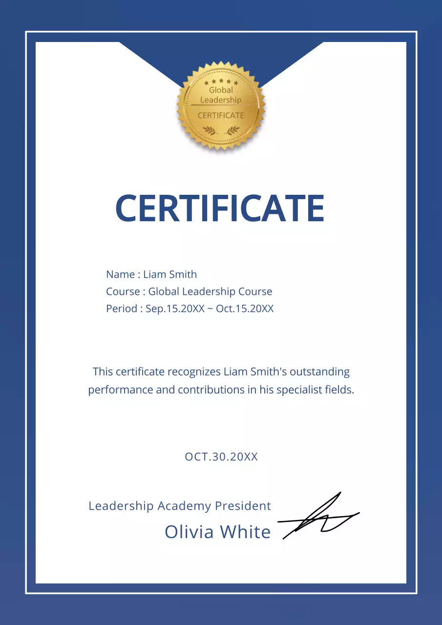 A simple blue training certificate