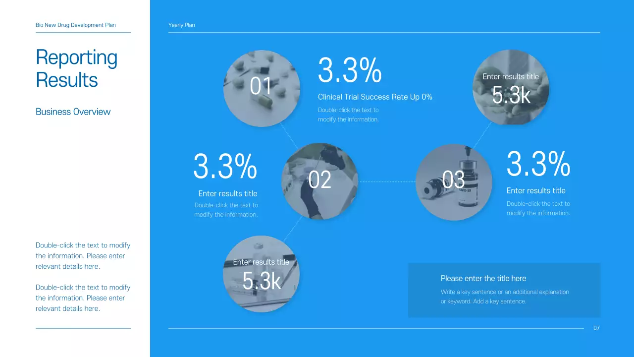 A clean, blue-toned drug development business plan for a pharmaceutical company.