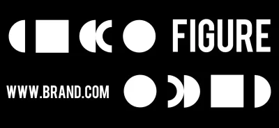 A design with simple black and white illustrations of shapes and a brand logo.